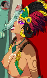 1boy 1girls armwear awilix_(smite) black_hair blowjob blue_eyes buluc_chabtan crossover deepthroat defeated earrings eyeshadow fellatio goddess green_skin head_grab headdress interspecies kotal_kahn large_breasts larger_male lipstick markings mortal_kombat nipples open_mouth penis penis_on_face precum rape saliva sex_slave slave smite straight tattoo tears testicles theobscureone tiara