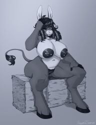 areola ass bangs big_breasts big_butt breasts dark_hair female freckles hay hay_bale haylee_(chunkerbuns) hi_res looking_at_viewer naughtyjester nipple_piercing nipples one_eye_closed piercing signature sitting slightly_chubby solo tail tail_tuft tuft wink winking_at_viewer
