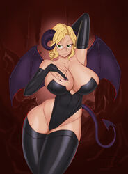 alternate_costume blonde_hair blush breasts cave cosplay curvaceous demon_girl demon_horns demon_tail demon_wings female female_only glasses glynda_goodwitch green_eyes hand_behind_head hands_on_own_chest highres horns huge_breasts joylewds large_breasts licking_lips looking_at_viewer mature_female rwby solo succubus tail teacher thick_thighs thighhighs thighs tied_hair tongue wide_hips wings