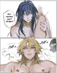 2boys blonde_hair blue_eyes boy english_text flins_(genshin_impact) gay gay_male gay_sex genshin_impact hoyoverse leg_on_shoulder male male_only panting purple_hair scars sex varka_(genshin_impact) yellow_eyes