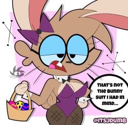 2025 anthro black_eyes bow_ribbon breasts brown_body bunny_costume cleavage clothed clothing costume dialogue digital_media_(artwork) easter easter_egg egg english_text eyelashes eyewear female fishnet_clothing fishnet_legwear glasses hi_res holidays jdone lagomorph legwear leotard leporid mammal populuxe rabbit sarena_(jdone) simple_background solo tail text whiskers
