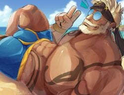 bara beach bulge bulge_through_clothing imrofer looking_at_viewer male marvel marvel_comics marvel_rivals muscular muscular_male pecs shorts smile solo_male summer thor thor_(marvel) thor_(marvel_rivals) yaoi
