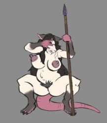 absurd_res american_opossum anthro big_nipples crouching embarrassed erect_nipples female guayo hair hairy_vulva hi_res hiding_face long_hair long_nipples mammal marsupial melee_weapon nipples nude nude_female polearm pregnant pregnant_female pubes pussy solo spear tail venny_nykopp weapon whiskers