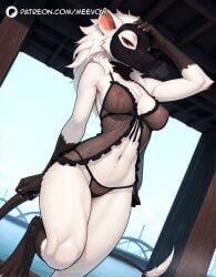 1girls ai_generated animal_ears babydoll black_panties body_fur breasts covered_nipples furry furry_female ink-eyes lingerie long_hair looking_at_viewer magic_the_gathering mask medium_breasts meevow mouse_tail navel nipples panties patreon_username red_eyes see-through snout solo standing tail underwear white_hair