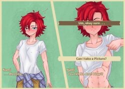 abs andyl1yart angry_expression blue_eyes censored_eyes censored_nipples choice creative_censorship embarrassed exposed_breasts exposed_midriff exposed_torso female_focus female_only lifted_by_self lifting_shirt nami_(harvest_moon) red_hair solo_female story_of_seasons text white_shirt