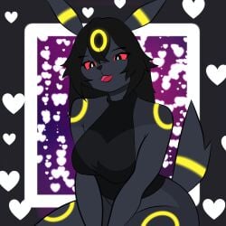 1:1 2025 anthro big_breasts black_body black_hair bottomless breasts clothed clothing digital_media_(artwork) eeveelution evaacii fangs female generation_2_pokemon hair half-length_portrait heart_symbol hi_res looking_at_viewer nintendo open_mouth pokemon pokemon_(species) pokemorph portrait red_sclera sitting solo tail teeth thick_thighs umbreon wide_hips