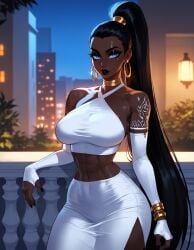 1girls ai_generated big_breasts bitch black_hair black_lips black_lipstick black_mascara blue_eyes breasts choker curvy curvy_figure dark-skinned_female dominant dominant_female earrings eyelashes eyeshadow female fit fit_female goth goth_girl gothic jamila_(xandr) large_breasts long_hair makeup mature_female milf queen sexy straight_hair taller_girl tatoos tattoo thick_ass thick_thighs very_dark-skinned_female very_long_hair xandr