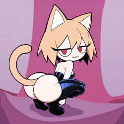 1girls 2d 2d_(artwork) ai_generated brown_hair cat_ears cat_tail chibi lambai11 leather_clothing neco-arc pawg presenting_ass red_eyes self_upload shortstack small_breasts small_waist squatting tsukihime white_skin wide_hips