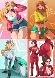 4girls absurdres adjusting_hair alternate_costume artist_name artist_signature ass belly_button big_breasts biker_clothes black_gloves blonde_hair blue_eyes blush bow bralines breasts brown_gloves brown_hair cleavage clothed crown deliciousbra deliciousbrain denim denim_shorts earrings female fingerless_gloves flower_earrings from_below gloves green_shorts hair_covering_eye hair_ribbon hairbow hand_on_own_thigh highres jacket jewelry large_breasts lipstick long_hair looking_at_viewer makeup mario_(series) mario_kart mario_kart_world medium_breasts medium_hair multiple_views navel nintendo official_alternate_costume official_alternate_hairstyle open_clothes open_jacket parted_lips pauline pauline_(aero) pink_hair pink_jacket pink_lips plump ponytail princess_daisy princess_daisy_(touring) princess_peach princess_peach_(touring) princess_rosalina princess_rosalina_(pro_racer) red_lips ribbon rosetta_(super_mario_galaxy) safe shorts solo striped_clothes sweater_around_waist tagme tank_top turtleneck turtleneck_bodysuit vertical-striped_clothes visor visor_cap white_bow white_hair_bow wholesome zipper zipper_pull_tab