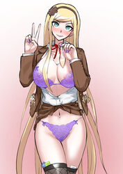 akizora blonde_hair condom danganronpa hairband long_hair ok_sign panties smile sonia_nevermind straight_hair tagme
