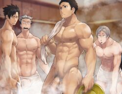 4boys 8_degrees black_hair bokuto_koutarou cropped gray_hair group haiba_lev haikyuu!! kuroo_tetsurou male male_only navel nude penis penis_awe penis_size_difference pubic_hair sauna sawamura_daichi short_hair steam towel towel_around_waist towel_on_shoulder uncensored