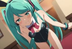 2025 ai_generated bunny_costume bunnysuit green_eyes green_hair handwear hatsune_miku hatsune_miku_zo instagram looking_at_viewer meta smiling_at_viewer vocaloid