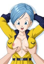 1boy ai_generated big_breasts blue_eyes blue_hair bodysuit breast_grab bulma_briefs civitai cum_on_breasts dragon_ball dragon_ball_super dragon_ball_super_super_hero female female grabbing_breasts jumpsuit large_breasts nipple_slip nipples pov_hands short_hair yellow_jumpsuit