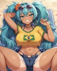 1girls ai_generated athletic_female bare_legs big_breasts blue_eyes blue_hair brazil brazilian brazilian_female brazilian_flag brazilian_miku flower_in_hair hatsune_miku huge_breasts huge_thighs latin_american_hatsune_miku_(meme) long_hair looking_at_viewer massive_breasts short_shorts smiling solo_female squatting sunglasses sunglasses_on_head sweat sweatdrop t-shirt tan-skinned_female tan_body tanned_female tanned_skin thick_thighs thighs twintails very_long_hair vocaloid voluptuous voluptuous_female