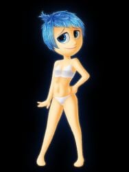 blue_eyes blue_hair female inside_out joy_(inside_out) solo thin_female toned_female underwear yellow_skin