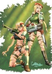 2girls astra_militarum blonde_hair cabbbriolet cammy_white catachan catachan_jungle_fighters clothed crossover everlasting_summer female female_only fully_clothed imperial_guard imperium_of_man leotard slavya-chan slavya_(everlasting_summer) street_fighter warhammer_(franchise) warhammer_40k