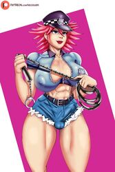 1futa abs big_balls big_breasts breasts bulge choker cleavage female final_fight futa_only futanari gloves hat intersex jean_shorts large_breasts legs_together nicoguer penis poison_(final_fight) police_uniform short_hair solo street_fighter street_fighter_v