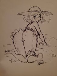 1girls beach big_ass blush deepbeef embarrassed female female_only fluffy_hair haru_okumura hat monochrome on_knees panties_around_leg panties_down persona persona_5 pussy scruffyturtles short_hair sketch solo swimsuit