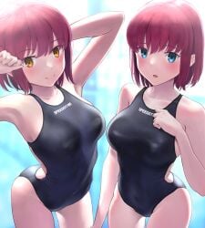 2girls absurdres bare_shoulders blue_eyes blush breasts collarbone highres hisui_(tsukihime) kohaku_(tsukihime) large_breasts looking_at_viewer multiple_girls one-piece_swimsuit open_mouth pointy_chin red_hair short_hair smile swimsuit thighs tsukihime wa_(genryusui) yellow_eyes