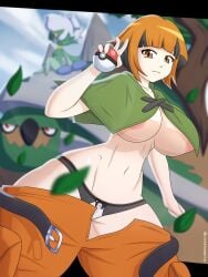 alternate_breast_size areola_slip black_hair black_panties blue_sky blurry_background cloud female gardenia_(pokemon) huge_breasts leaf looking_at_viewer loose_pants luckerabbit6 luckerabbit9 mrlucke navel nintendo orange_eyes orange_hair pokeball pokemon pokemon_dppt poncho roserade short_hair topless torterra two_tone_hair