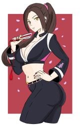 1girls big_ass big_breasts big_butt brown_eyes brown_hair clothed fatal_fury fatal_fury:_city_of_the_wolves jeans king_of_fighters long_hair mai_shiranui mai_shiranui_(city_of_the_wolves) pants petals tied_hair