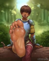 1girls armor barefoot berserk casca feet female foot_fetish hotkeysx looking_at_viewer nature outdoors outside short_hair sweat sweatdrop sweating sweaty_body sweaty_feet tan tan_body tan_skin toes