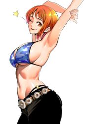 1girls armpits big_breasts bikini female female_only large_breasts looking_at_viewer nadainishi nami nami_(one_piece) one_eye_closed one_piece orange_hair pre_timeskip short_hair smiling thick_thighs thong white_background