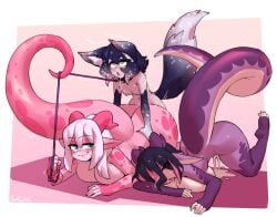 all_fours animal_humanoid anthro ass big_breasts big_butt big_tail bodily_fluids borvar breasts canid canid_humanoid canine canine_humanoid cum cum_pool dragon drooling fluffy fluffy_ears fluffy_tail fox_humanoid genital_fluids grin group gynomorph hair head_on_arm hi_res highlights_(coloring) horn humanoid intersex intersex/intersex leaking_cum leash leash_pull lilikoi_gumi looking_back lychee_gumi mammal mammal_humanoid mystral mythological_creature mythological_scalie mythology open_mouth ponytail power_bottom saliva saliva_string scalie small_breasts smile sweat sweatdrop tail thrusting tongue tongue_out trio twitching waist_grab