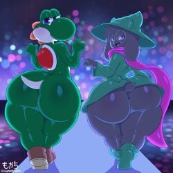 2boys absurd_res anthro ass big_butt black_body black_fur blue_eyes blush bovid caprine chapsan clothed clothing deltarune digital_media_(artwork) dinosaur duo eyewear femboy femboy_only footwear footwear_only fur glasses goat goat_ears green_body green_yoshi hi_res huge_butt looking_at_viewer looking_back male mammal mario_(series) mostly_nude narrowed_eyes nintendo nude open_mouth pink_eyes prehistoric_species ralsei reptile robe scalie scarf shell short_tail smile tail teapot_(body_type) thick_thighs topwear undertale_(series) wide_hips yoshi yoshi_(character)