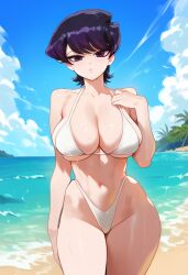 2d ai_generated beach big_breasts bikini black_hair female female_focus female_only highleg highleg_bikini komi-san_wa_komyushou_desu komi_shuuko outdoors purple_eyes short_hair solo solo_female solo_focus tagme white_bikini