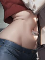 ai_generated animated belly belly_button belly_button_penetration brown_eyes brown_hair crop_top cum_in_navel curvy curvy_female daydream dialogue dirty_talk fantasizing groaning jeans kitchen low_rise_jeans midriff_baring_shirt midriff_focus midriff_showing navel navel_fetish navel_penetration shy tagme video weird white_suit