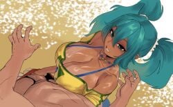 1boy 1female 1girls 1male ass beach big_ass big_breasts big_thighs blue_eyes blue_hair brazil brazilian brazilian_female brazilian_miku breasts cyan_eyes cyan_hair female grabbing_penis greasymeta hatsune_miku huge_ass huge_thighs latin_american_hatsune_miku_(meme) long_hair looking_at_viewer male male_pov penis shirt shorts smile smiling_at_viewer suggestive_look tagme tan tan_body tanline thick_hips thick_thighs thighs thong touching_penis twintails vocaloid yellow_shirt