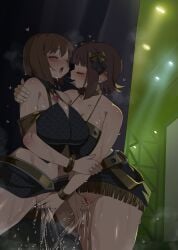 2girls amami_haruka breasts brown_eyes brown_hair female female_ejaculation fingering fingering_partner hagiwara_yukiho hi_res huge_breasts idolmaster light-skinned_female light_skin monobe monobe_yuri pussy_juice short_hair squirting thick_thighs wet_pussy