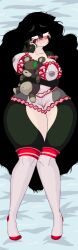 big_breasts black_hair blush lingerie looking_at_viewer seductive_eyes slit_pupils smirk snake_girl teddy_bear wide_hips