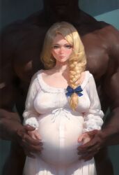 ai_generated blonde_hair blue_bow blue_eyes braid clothed_female_nude_male dark-skinned_male hair_over_shoulder hairbow hand_on_another's_stomach hand_on_own_stomach height_difference huge_breasts interracial lips long_hair oil_painting original pregnant self_upload tagme