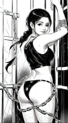 ai_generated ass black_and_white black_panties bondage bound_in_chains caged chained chains female female_focus female_only jailed leather_panties looking_back manga_style prison prisoner