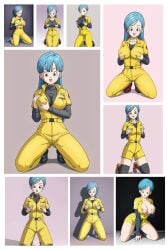 ai_generated big_breasts blue_eyes bodysuit braided_hair breast_grab bulma_(dragon_ball_super_superhero) bulma_briefs civitai dragon_ball dragon_ball_super dragon_ball_super_super_hero full_body grabbing_own_breast jumpsuit kneeling large_breasts long_hair multiple_views nipple_slip nipples short_hair straight_hair yellow_jumpsuit