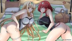 2girls ass bag basket beach beach_bag beach_towel black_one-piece_swimsuit black_swimsuit blonde_hair breasts core_crystal hellandheaven large_breasts long_hair looking_at_viewer mythra nintendo one-piece_swimsuit outside pyra red_eyes red_hair sand short_hair swimsuit thigh_strap tiara towel white_one-piece_swimsuit white_swimsuit xenoblade_(series) xenoblade_chronicles_2 yellow_eyes