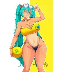 artist_name artist_signature athletic_female bare_legs bikini bikini_top blue_eyes blue_hair brazil brazilian brazilian_female brazilian_flag brazilian_miku flower_in_hair gigantic_breasts hatsune_miku huge_breasts huge_thighs jk_arts07 latin_american_hatsune_miku_(meme) long_hair looking_at_viewer massive_breasts smiling solo_female squatting sunglasses sunglasses_on_head sweat sweatdrop tan-skinned_female tan_body tanned_female tanned_skin thick_thighs thighs twintails very_long_hair vocaloid voluptuous voluptuous_female