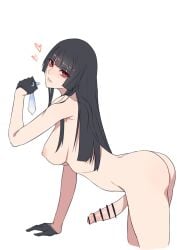 1futa ass ban!_(bansankan) bar_censor bent_over black_gloves black_hair breasts censored condom female futanari gloves hime_cut leaning_forward light-skinned_futanari light_skin long_hair nude original parted_lips penis simple_background solo used_condom white_background