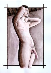 big_dick big_penis cock gay gay_male hand_drawn handdrawn_art hugeakamaru24 italian_guy male male_only sketches_by_adab sketeh skinny_male watercolor watercolor_(artwork) watercolor_(medium) watercolour