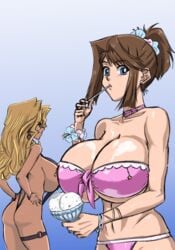 2girls abs alternate_breast_size belly bikini blonde_hair brown_hair cleavage female huge_breasts mai_valentine messy navel pink_bikini purple_bikini sideboob sling_bikini tan tea_gardner thick_thighs underboob wide_hips yu-gi-oh! yu-gi-oh!_duel_monsters zahkey