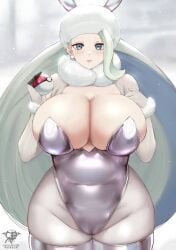 1girls blue_eyes breasts earrings gloves holding_poke_ball kaos_art large_breasts leotard long_hair looking_at_viewer melony_(pokemon) milf nintendo pantyhose playboy_bunny pokeball pokemon pokemon_ss scarf white_hair white_leotard