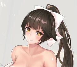 1boy 1girls animated areolae azur_lane black_hair blush bouncing_breasts breasts cowgirl_position creampie cum cum_inside curvaceous curvy female female_focus gloves hair_ornament hair_ribbon highres large_breasts longer_than_30_seconds longer_than_one_minute looking_at_viewer male nipples no_sound on_top open_mouth partially_clothed ponytail pussy rinhee sex shiny_skin spread_legs straddling takao_(azur_lane) uncensored uniform vaginal_penetration video wide_hips yellow_eyes