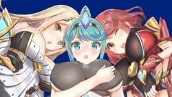 10s 3girls animated animated_gif areolae armor bangs blonde blonde_hair blush bouncing_breasts breast_grab breasts cleavage dress embarrassed eyes_open female fingerless_gloves foursome gloves grabbing green_eyes green_hair groping huge_breasts implied_sex large_breasts long_hair loop matching_hair/eyes mp4 multiple_girls mythra_(xenoblade) nervous nintendo nipples no_sound one_eye_closed open_eyes open_mouth pneuma_(xenoblade) ponytail pyra_(xenoblade) red_eyes red_hair red_shorts sex short_shorts shorts shoulder_armor spoilers swept_bangs thighhighs tied_hair very_long_hair video white_dress xenoblade_(series) xenoblade_chronicles_2 yellow_eyes