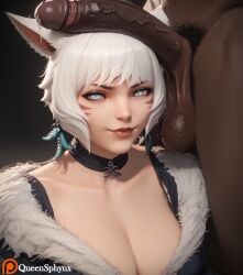 1boy 1girls ai_generated animal_ears black_background breasts cat_ears cat_girl cleavage dark-skinned_male dark_skin female ffxiv final_fantasy final_fantasy_xiv fur_trim interracial large_breasts large_penis light-skinned_female light_skin looking_at_viewer male miqo'te penis_on_head precum queensphynx robe short_hair slit_pupils smirk square_enix upper_body white_eyes white_hair y'shtola y'shtola_rhul