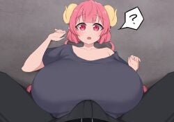 1girls big_breasts breasts_bigger_than_head bulge bulge_through_clothing dragon_girl dragon_horns horns huge_breasts ilulu_(dragon_maid) kobayashi-san_chi_no_maidragon miss_kobayashi's_dragon_maid noe_(ppppriver) on_back penis_bulge petite petite_body pink_eyes pink_hair pinned pinned_down short_stack shortstack straddling