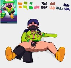 anus anyalopa black_eyes blue_hair brawl_stars colored female fingers_in_pussy girls_only glasses gloves green_clothing hand_on_pussy jacky_(brawl_stars) lies mask masturbating masturbation pussy