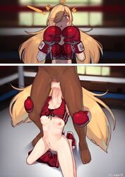 1boy 1girls 2koma areolae bandage binbougami_ga! blonde_hair boxing boxing_gloves boxing_ring breasts clothed clothed_female_nude_male clothed_sex clothing dark-skinned_male dark_skin deepthroat defeated face_mounting fellatio fight fighting_ring flat_chest from_above from_behind gloves hair_over_one_eye instant_loss_2koma interracial long_penis momiji_(binbougami_ga!) nilsunna nipples oral oral_sex pussy raised_shirt red_boxing_gloves red_gloves small_breasts sweat sword_swallowing_position tank_top throat_bulge throat_swabbing tongue tongue_out twintails uncensored