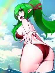 1girls alternate_costume ass back back_view bare_back bare_thighs bikini breasts covered_nipples female female_only fire_emblem fire_emblem_awakening fire_emblem_heroes from_behind from_below green_eyes green_hair hair_between_eyes jaxartdump large_ass large_breasts long_hair looking_at_viewer looking_back nintendo ocean official_alternate_costume outdoors pointy_ears ponytail reaching_out reaching_towards_viewer red_bikini red_swimsuit sideboob sidelocks solo swimsuit thick_thighs thighs tiki_(adult)_(fire_emblem) tiki_(adult)_(summer)_(fire_emblem) tiki_(fire_emblem) very_long_hair